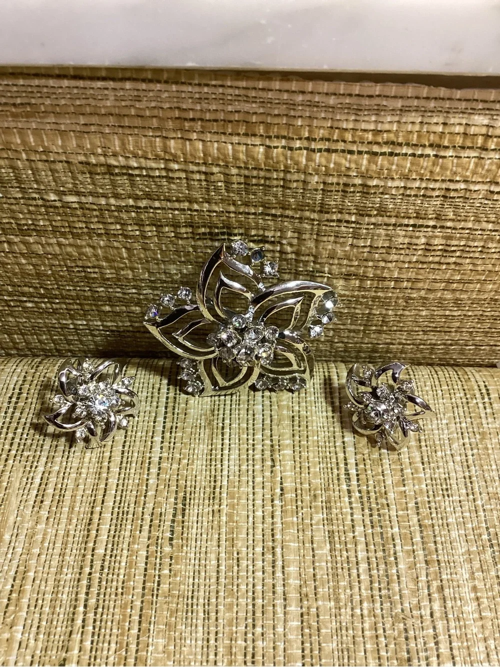 Vintage Silver-Tone Crystal Floral Brooch and matching clip Earring Set